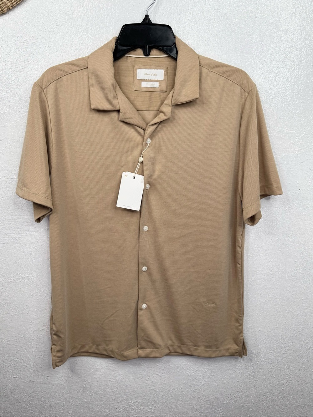 Porter & Ash Shirt Mens Medium Beige Camp Collar Button Front Short Sleeve